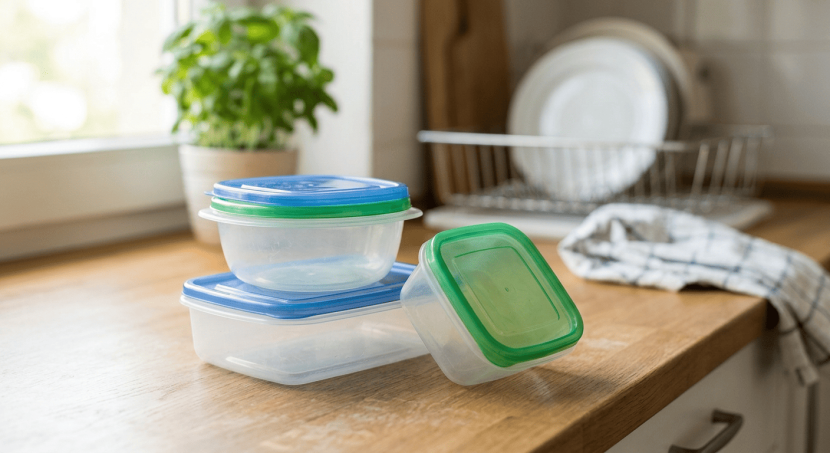 Gemini said Plastic food container with lids on a wooden kitchen counter near a sunny window in Malaysia.