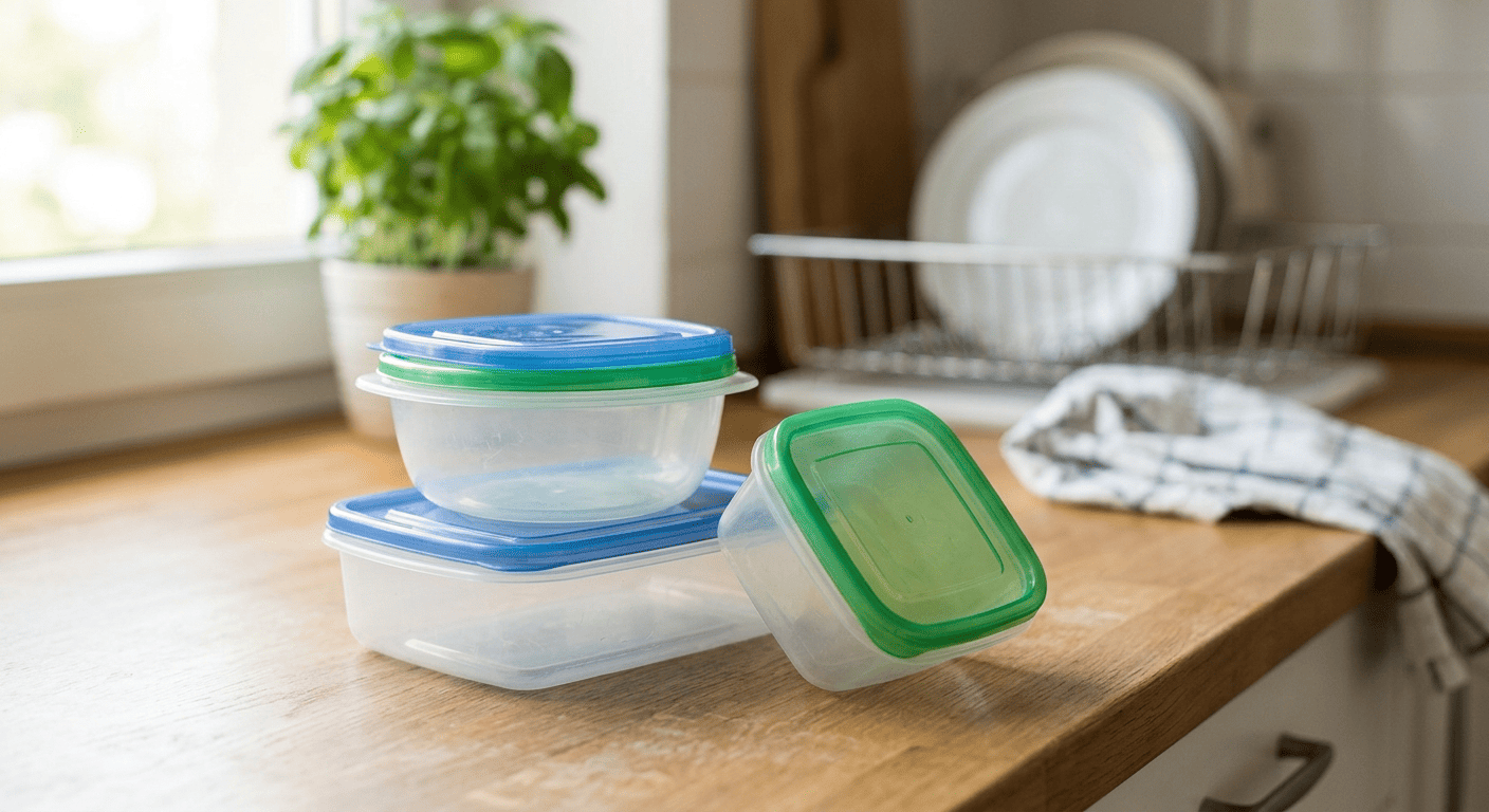 Gemini said Plastic food container with lids on a wooden kitchen counter near a sunny window in Malaysia.