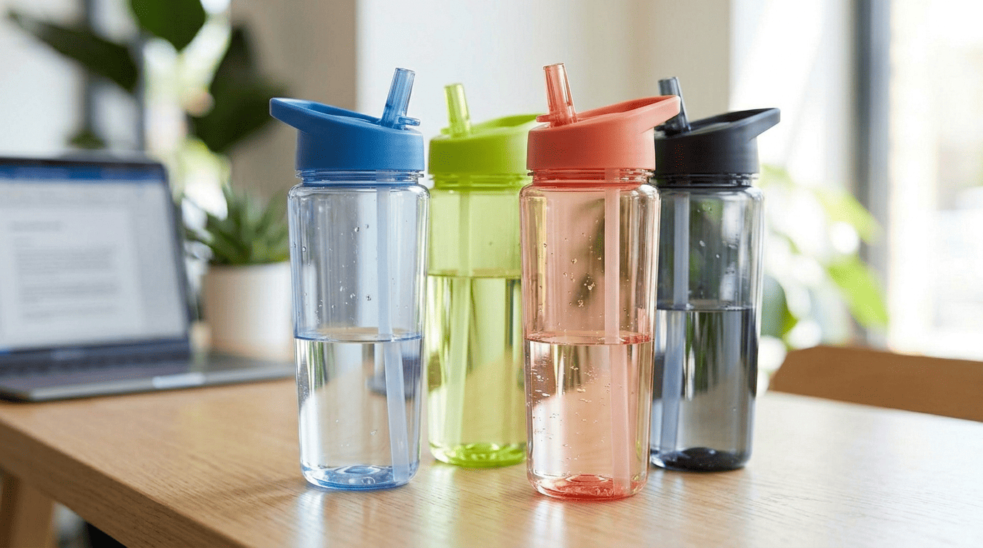 A collection of four reusable plastic water bottles from Xtrasim, a top supplier for customizable Tritan bottles in Malaysia, are on display on a wooden table.